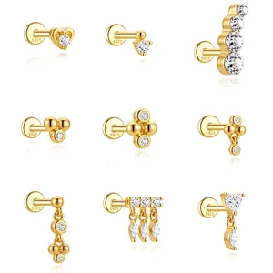 S925 Argento Sterling Placcato Oro Geometrico Marchese Cuore Zirconia Cartilagine Helix Piercing Orecchino a Bottone 16G Gioielleria Donna