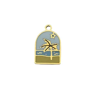 Arch-shaped stainless steel enamel pendant with a tropical palm tree and beach holiday motif.