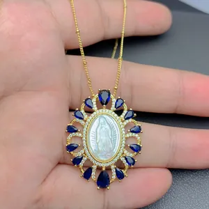 Unsere Liebe Frau von Guadalupe Jungfrau Maria Anhänger Halskette Perlmutt Zirkonia Eingelegt 18K Vergoldet Religiöser Schmuck für Damen