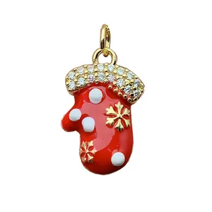 Red enamel Christmas mitten charm with cubic zirconia and snowflake accent