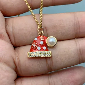 Damen Weihnachten Weihnachtsmann Hut Anhänger Halskette Vergoldet Tropföl Zirkonia Festliche Party Mode Schmuck Zubehör