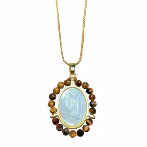Gold Our Lady of Guadalupe necklace with white mother of pearl and tiger eye beads