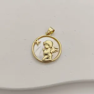 Angel Mother of Pearl Pendant Charm Copper 18K Gold Plated Round Guardian Angel Medal for DIY Necklace Bracelet Jewelry Making Accessories Findings