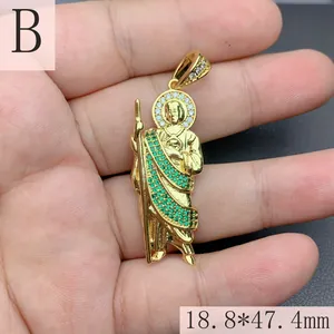Detailed view of Saint Jude pendant with green zircon micro-inlays, size 18.8x47.4mm