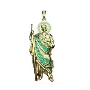Gold Saint Jude Thaddeus pendant with green and clear micro-pave cubic zirconia