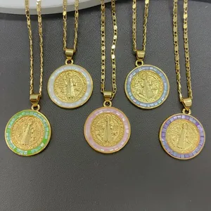 Collar Medalla de San Benito Vintage Colgante de Cobre Chapado en Oro y Concha Natural Joyería Religiosa para Mujer