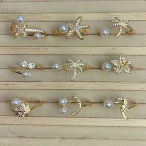 Eleganter Vergoldeter Kupferring Mit Mikro-Zirkonia Und Künstlicher Perle Offen Einstellbar Damen Natur Thema Schmuck