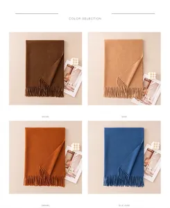 Collage of wool blend tassel scarves in brown, beige, caramel, and blue.