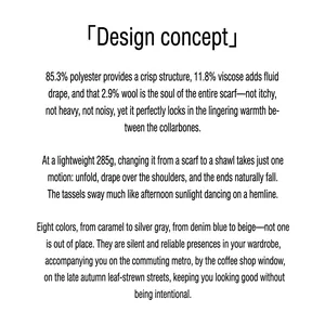 Detailed specification list for winter wool scarf showing material and 285g weight info