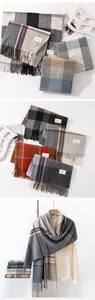 Detail views of classic plaid scarves with tassels and faux cashmere texture