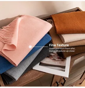 Detailed macro view of soft wool scarves with tassels showing delicate knit textures