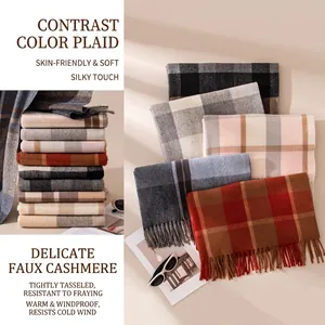 Classic Plaid Scarf For Women Winter Warm Cashmere-Like Polyester Large Check Shawl With Tassels Elegant Minimalist Pashmina Wrap