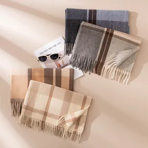 Assorted classic plaid winter scarves for women with tassels, soft cashmere-like warm shawls