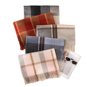Soft cashmere-like plaid scarves in various colors for winter, elegant shawl with fringes.