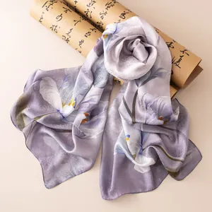 Elegant purple mulberry silk scarf featuring artistic floral prints and smooth texture