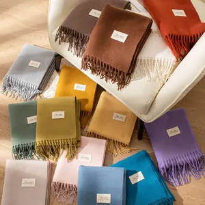 Variety of Morandi colored cashmere-like scarves with tassels neatly displayed