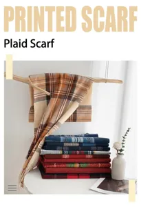 Detailed view of stacked multi-colored plaid scarves in a cozy lifestyle setting