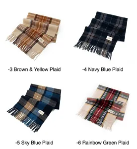 Detailed display of four stylish plaid scarves in various colors with fringe tassels