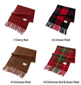 Detail view of four winter plaid scarf options in red, green, and checkered patterns.