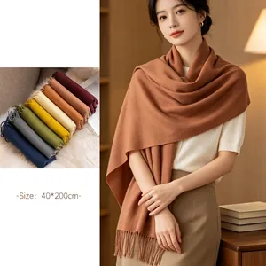 Women Solid Color Cashmere Like Polyester Scarf Long Winter Warm Shawl With Tassels Morandi Soft Neck Scarf For Daily Wear