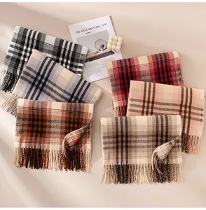 Detailed collection of thick plaid faux cashmere scarves with fringes in various colors