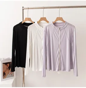 Women's lightweight stand-collar sun protection jackets in black, white, and purple