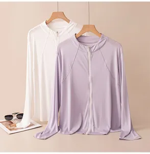Detail of lightweight silk sun protection jackets with zippers and stand collars.