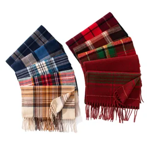 Selection of cozy Christmas plaid scarves with tassels in various colors for winter
