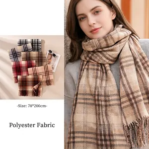Women Korean Style Plaid Scarf Thick Warm Polyester Cashmere Feel Printed Tassel Scarf For Autumn Winter Students Daily Fashion