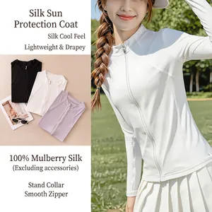 Women 100% Mulberry Silk Sun Protection Clothing Stand Collar Zipper Long Sleeve Slim Sunscreen Jacket For Outdoor Sport