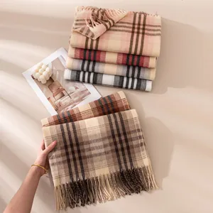 Elegant checkered imitation cashmere scarves for women featuring classic winter warm tassels