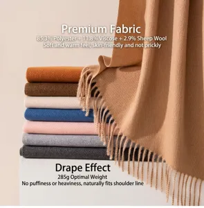 Detail view of multicolored stacked soft wool blend scarves with delicate tassels