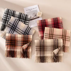Soft plaid imitation cashmere winter scarves with tassels in various trendy colors