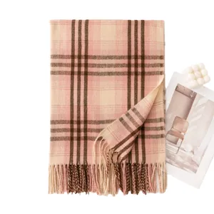 Soft pink and beige plaid scarf with fringe tassels for stylish autumn winter warmth