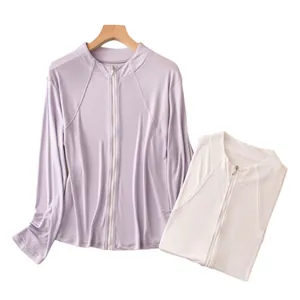 Lightweight women's zip-up sun protection jacket with stand collar and long sleeves