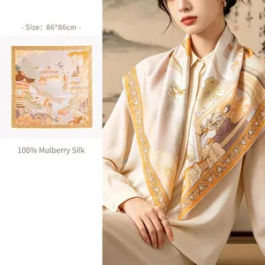 Luxury 16 Momme Mulberry Silk Twill Square Scarf For Women Floral Equestrian Print Double Sided Silk Shawl Mother's Day Gift
