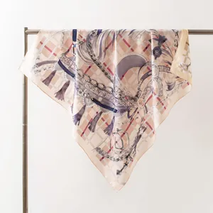 Elegant 16mm mulberry silk twill scarf with classic equestrian horse bit print