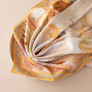 Elegant 16 momme mulberry silk twill scarf with a vibrant orange floral pattern