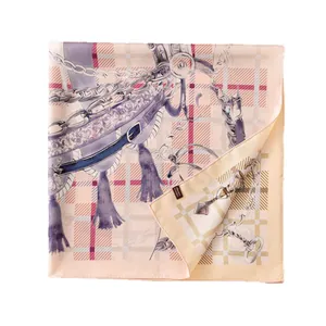 Elegant 16 momme twill silk scarf featuring a luxury plaid and chain print pattern