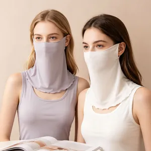 Two models wearing breathable silk face masks and neck gaiters for sun protection.