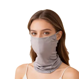 Breathable gray sun protection face mask and neck gaiter for outdoor golf and sports.