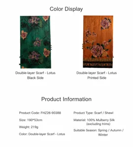 Spécifications détaillées pour ce châle en soie jacquard double face motif lotus.