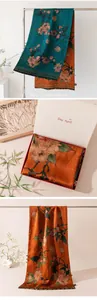 Detailed view of reversible floral silk scarf presented in a premium gift box