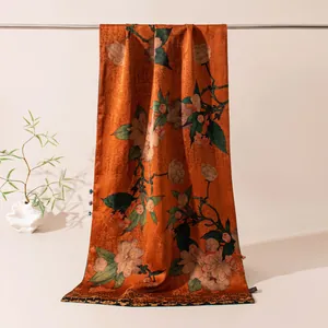 Elegant terracotta orange silk scarf with traditional Guochao floral patterns for women