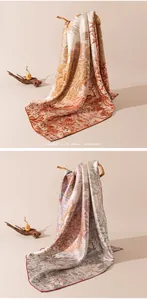 Elegant double-sided mulberry silk scarf with intricate floral patterns in two colors
