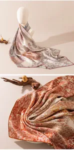 Macro view of luxurious snowflake satin mulberry silk scarf with elegant floral patterns