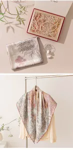 Details of mulberry silk square scarf featuring floral prints and luxury gift box