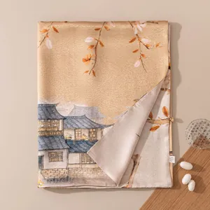 Elegant silk scarf with Chinese landscape print and soft satin texture for women