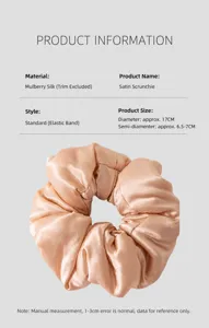 Detailed view of a champagne silk scrunchie with dimensions and material specifications.