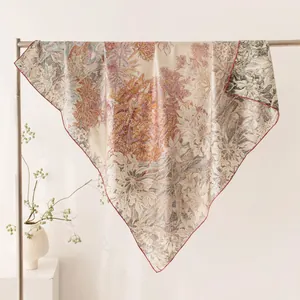 Mulberry Silk Square Scarf Double Sided Botanical Floral Printed Snowflake Satin Elegant Large Neck Scarf For Women